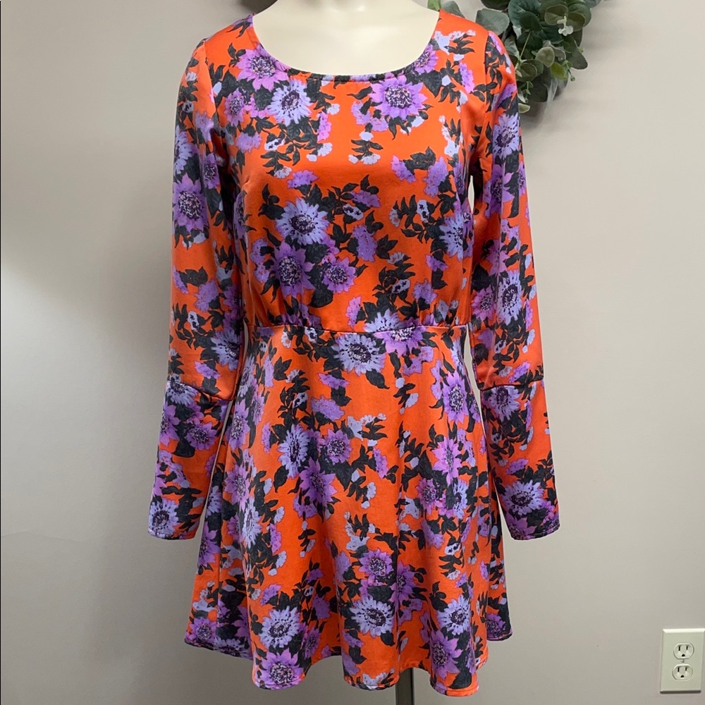 Free People Parker Floral Long Sleeve Tangerine & Purple Mini Dress 0